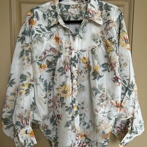 Pilcro Floral Button-Up Blouse in White with Green and Yellow size Small